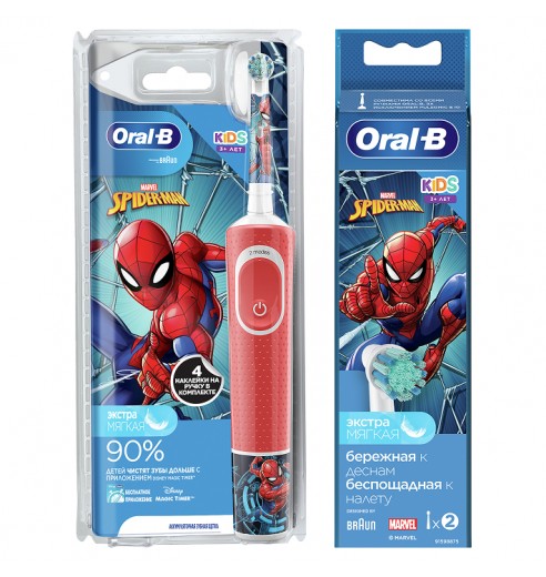 Детская электрическая зубная щетка Oral-B Vitality Kids Spiderman "Человек-паук" + Насадки Oral-B Spiderman Kids (2 шт)