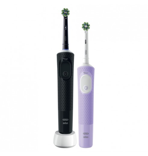 Набор Oral-B электрическая зубная щетка Vitality Pro Duo Черная и Сиреневая в подарочной упаковке + Насадки Oral-B CrossAction EB50RB-4, 4 шт + Зубная нить ORAL-B Essential floss мятная 50м (2 шт.)