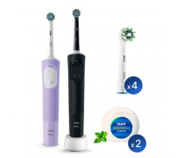 Электрические зубные щетки Vitality Pro Duo + Насадки для эффективной чистки Oral-B CrossAction (4 шт) и зубная нить ORAL-B Essential floss мятная 50м (2 шт)