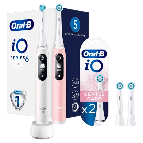 Набор электрических зубных щеток Oral-B iO 6 DUO белая и розовая (2 шт) с насадкой Oral-B Gentle Care для бережной чистки (2шт) 0