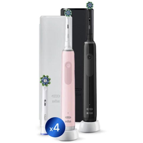 Электрические зубные щетки Oral-B Pro 3 3500 розовая и черная + Насадка для эффективной чистки Oral-B CrossAction (4 шт) 0