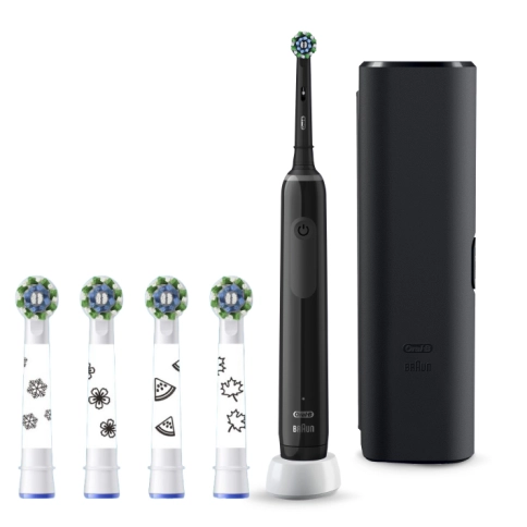 Набор электрическая зубная щетка Oral-B Pro 3 черная, насадки Cross Action 4 шт с наклейками 0